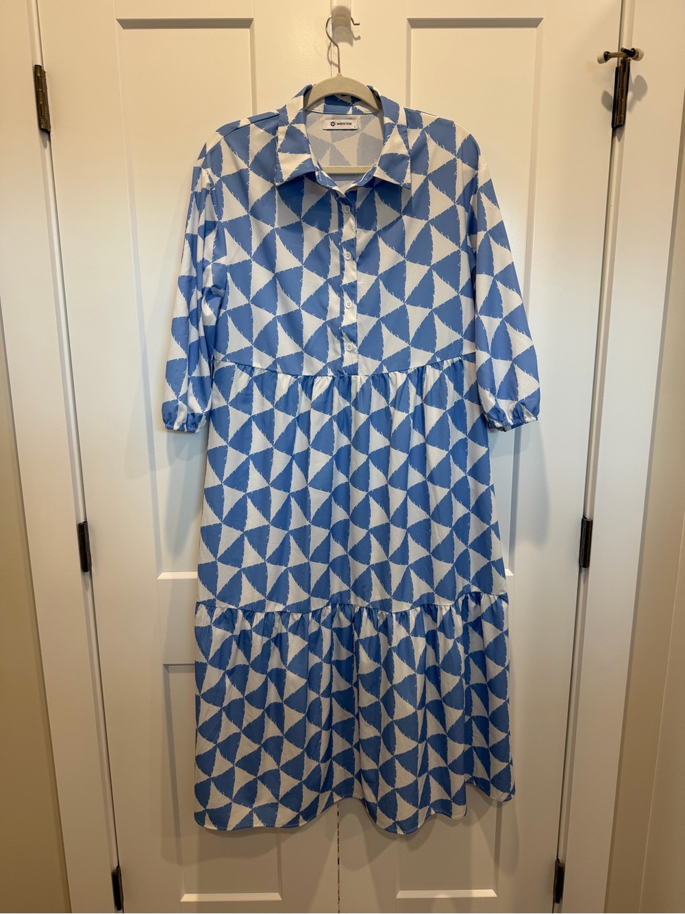 Women’s Blue & White Geometric Tiered Dress LARGE